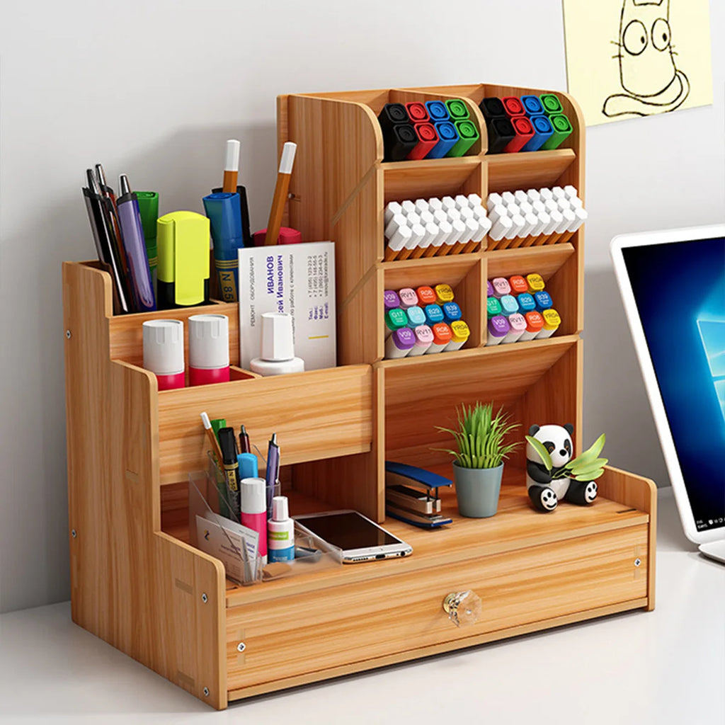 Simple Wooden Pen Holder Storage Box Student Stationery Storage Shelf With Drawer Suitable for Multi Scene Study Rooms Offices
