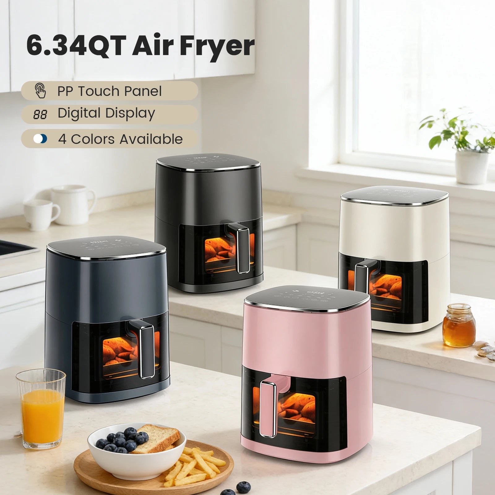 JHK 6 Quart Electric Air Fryer with Window Square Air Fryer 400F 12-in-1 Air Fry Roast Reheat Dehydrate Fries Custard Chicken Vegetabels and Keep Food Warm
