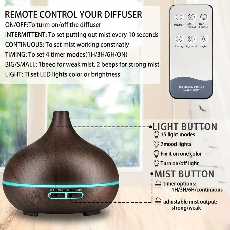 Diffuser For Home Wood Grain Aroma Diffuser with Remote Control Timer  6 Oil Set - 550ml Cool Mist Humidifier for Large Room