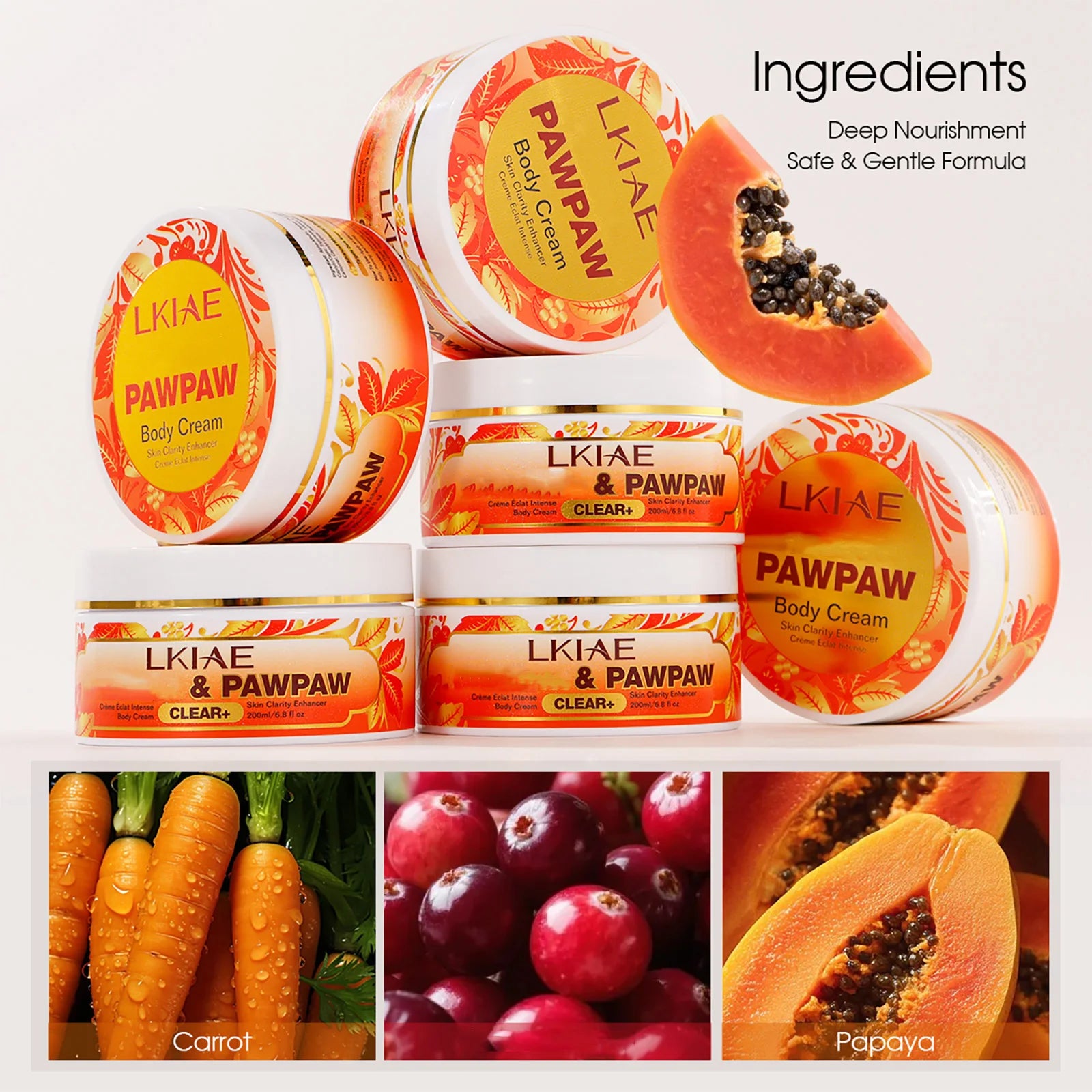 LKIAE Pawpaw Lightening Body Cream, With Carrot Oil, Deeply Moisturizing, Smooth Skin, Anti Dark Spots, Hyperpigmentation, 200ml