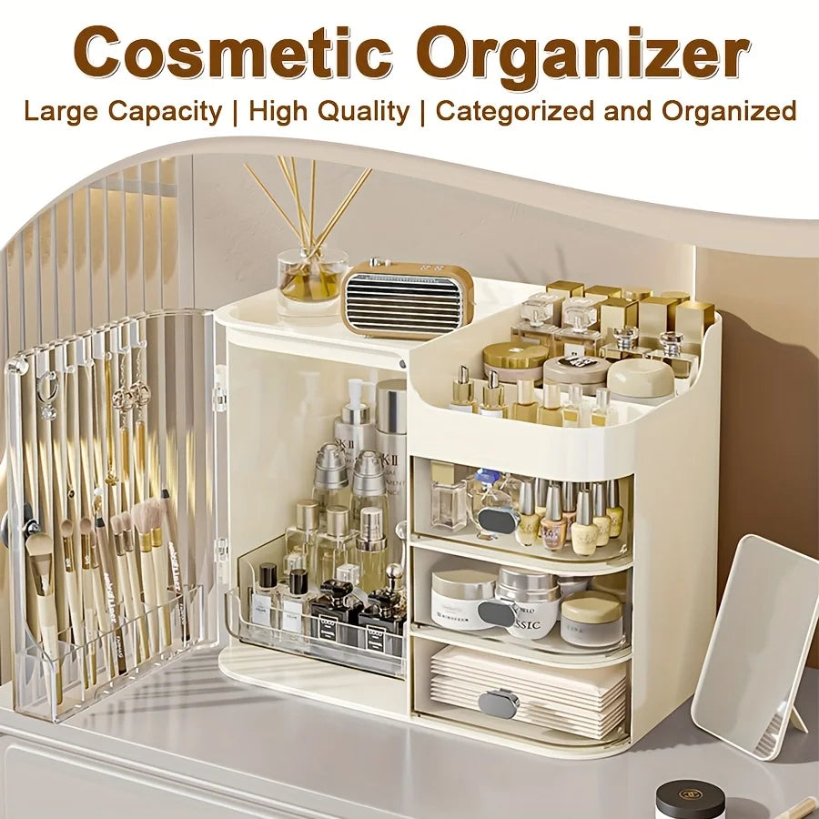 Beige Cosmetic Storage Box with 3 Drawers and Mirror High Capacity Makeup Organizer for Home and Bathroom