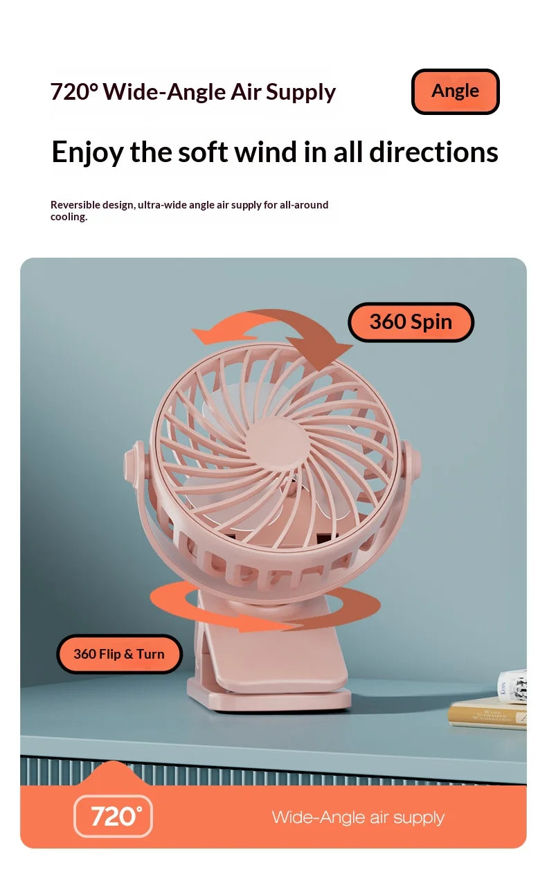 HOMEFISH Portable Rechargeable Clip Fan 720° Rotatable Hanging Fan with Night Light Air Cooler for Outdoor Camping Ventilador