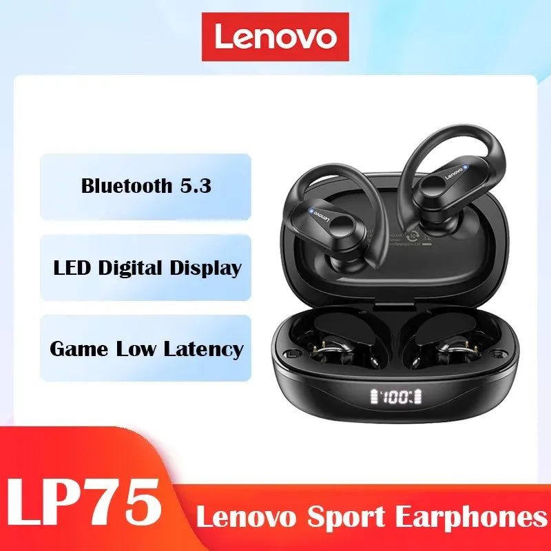 Lenovo LP75 TWS Wireless Bluetooth V5.3 Earphones IPX5 Digital Display Ear Hook Earbuds HiFi Stereo Noise Reduction Headphones