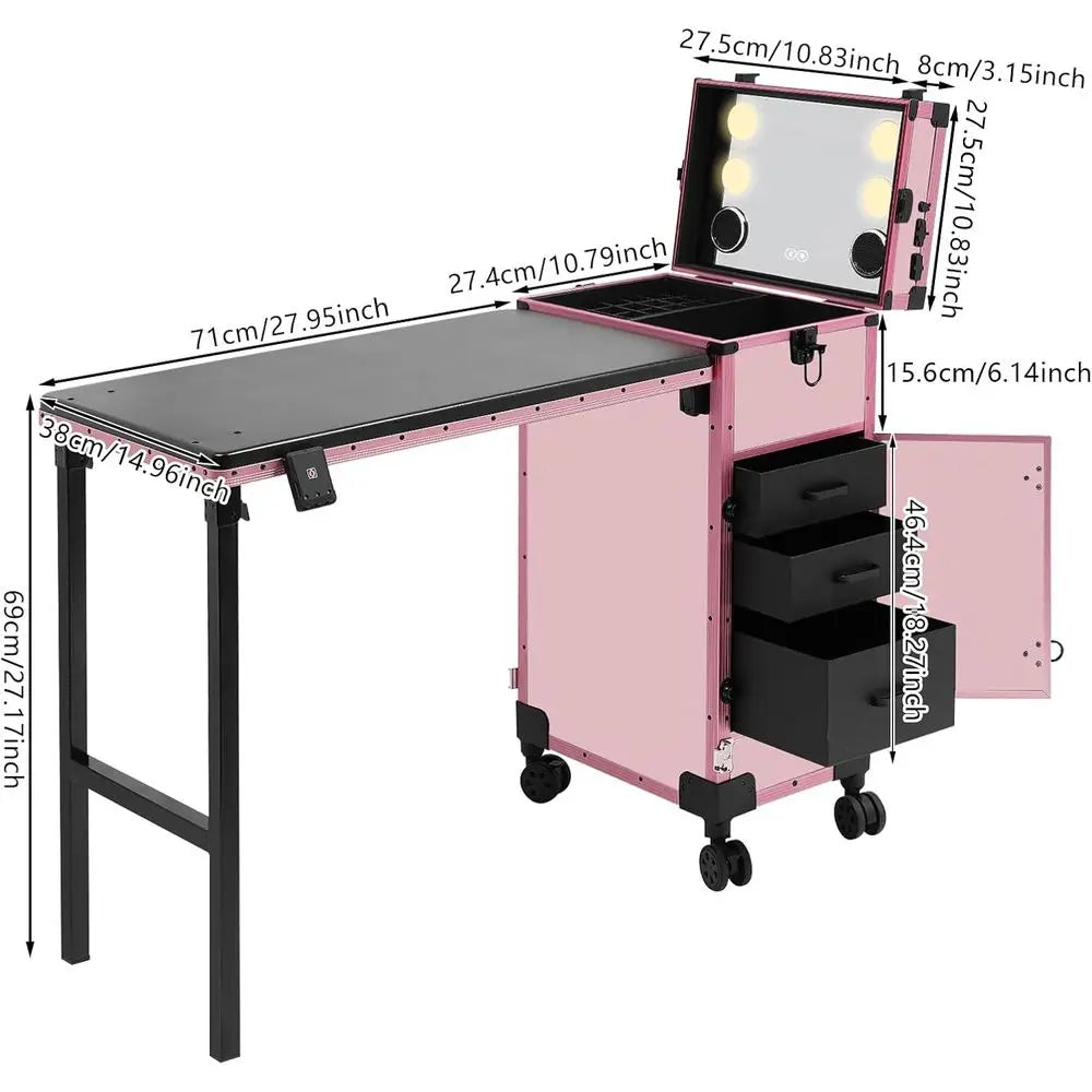 Portable Rolling Makeup Case with 3 Drawers, Adjustable Lighted Mirror, Travel Cosmetic Organizer, Manicure Desk & Nail Artist S