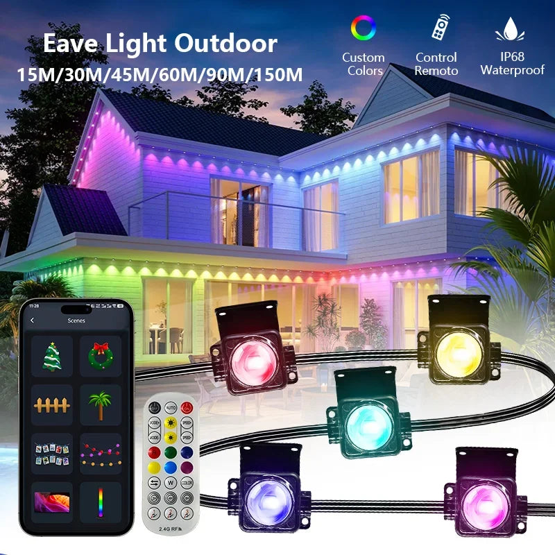 Smart RGBIC Eaves Lights Permanent Outdoor Lights Outdoor Christmas LED Light Strings with APP Remote Control IP67 Waterproof