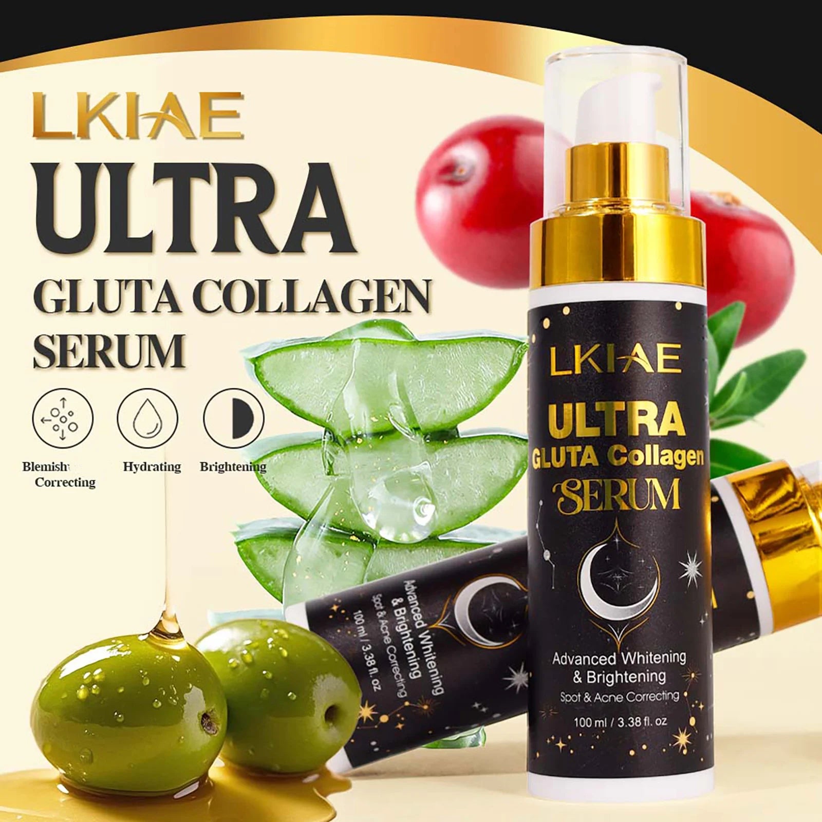 LKIAE Ultra Glutathione Collagen Whitening Serum, Moisturizing, With Licorice, Anti Acne, Dark Spots Essence for Face and Body