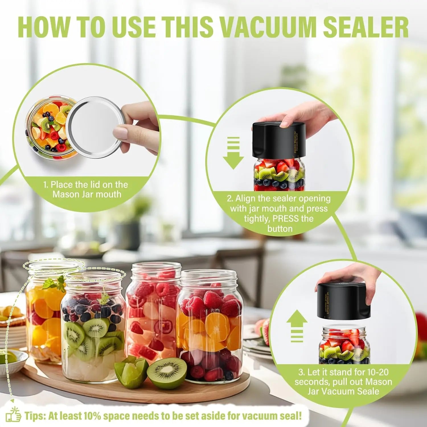 Electric Vacuum Sealer for Mason Jar - Jelife Vacuum Sealing Machine Kit for Wide Mouth & Regular Mouth Canning Jars with 10 Lids, 2000mAh Vacuum Sealer Food Saver Storage, Black