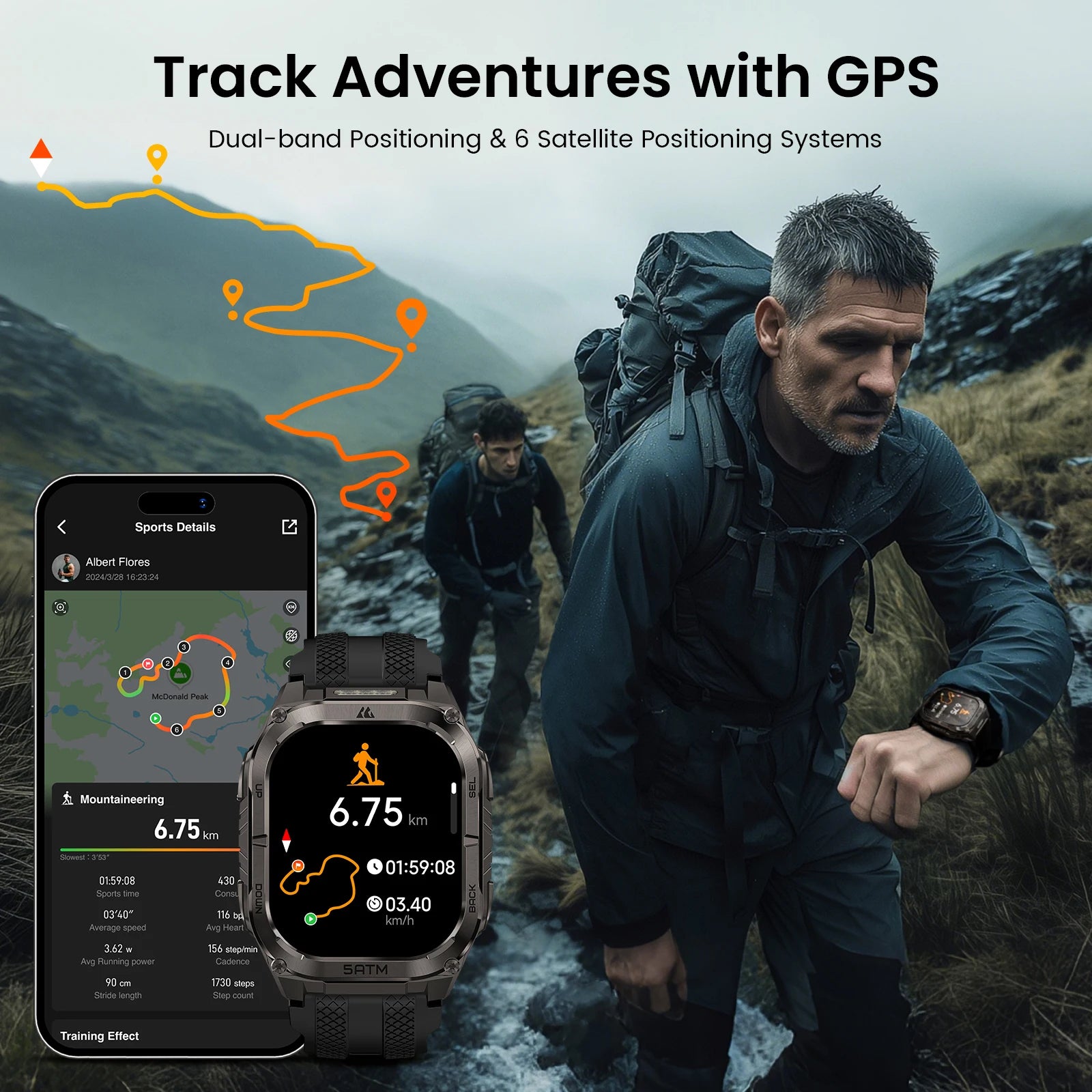 KOSPET TANK M4C Rugged Smartwatch for Men Military-Grade GPS Watch with Flashlight 5ATM Waterproof Health & Fitness Tracker