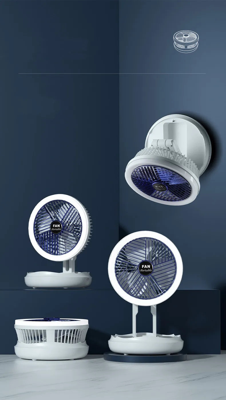 USB Charging Foldable Table Fan Wall Mounted Hanging Ceiling Fan with LED Light 4 Speed Adjustable For Home Room Air Cooler Fan