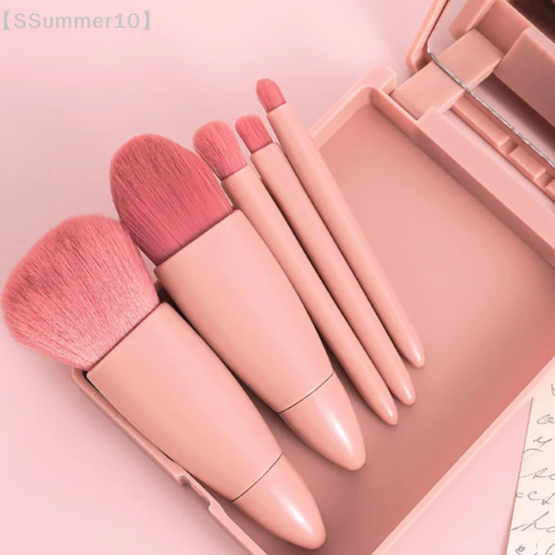 【SSummer10】5Pcs Travel Mini Makeup Brushes Set with Case Mirror - Small Complete Function Cosmetic Kit【SS】