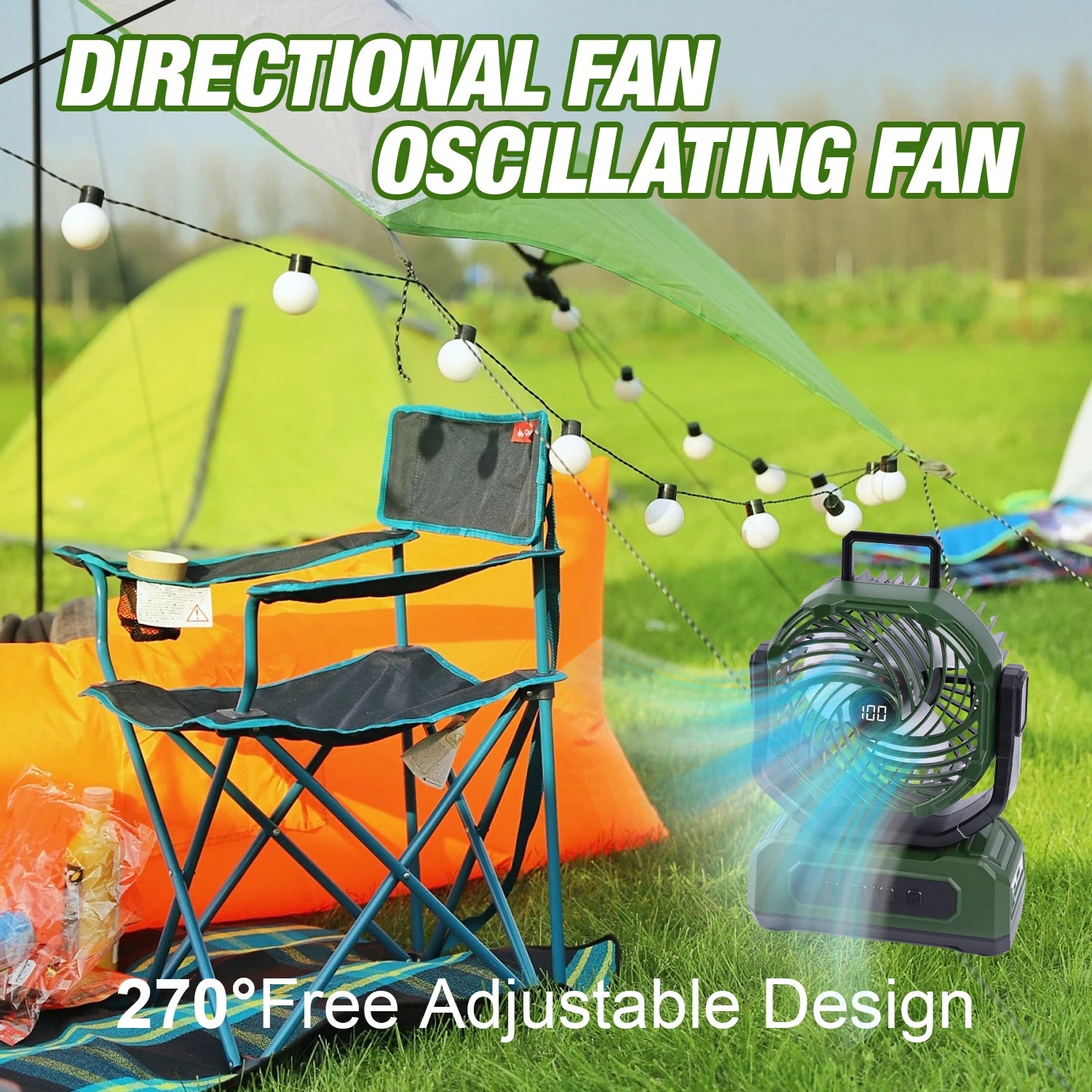 30000mAh Portable Camping Fan with RGB Lantern, Rechargeable Battery Powered Oscillating 4 Wind Speeds LED Display, Remote Control Timer Tent Beach Cordless USB Fans for Travel Home Outdoor, Green
