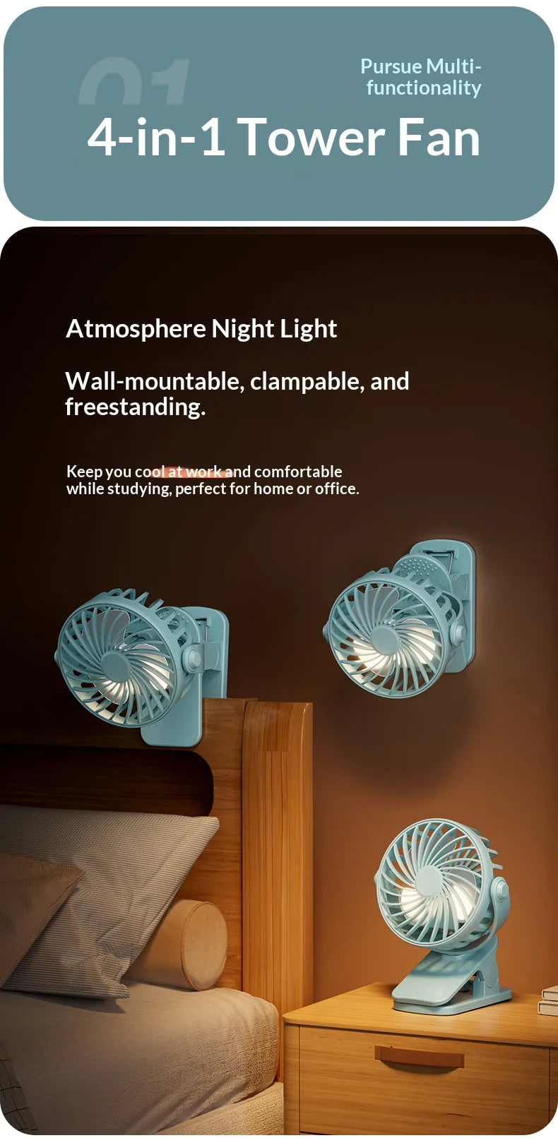 HOMEFISH Portable Rechargeable Clip Fan 720° Rotatable Hanging Fan with Night Light Air Cooler for Outdoor Camping Ventilador