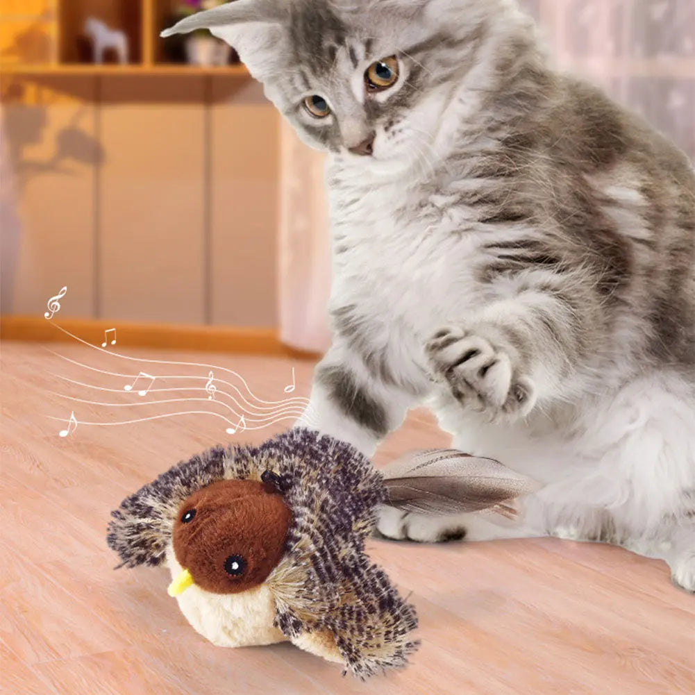 Interactive Cat Toys Flying Bird Cat Toy Flapping Wings Sparrow Catnip Toy Electric Squeaky Simulation Bird Plush Toy for Cats