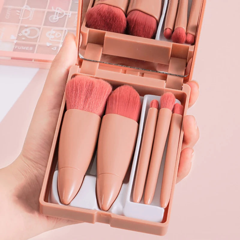 【SSummer10】5Pcs Travel Mini Makeup Brushes Set with Case Mirror - Small Complete Function Cosmetic Kit【SS】