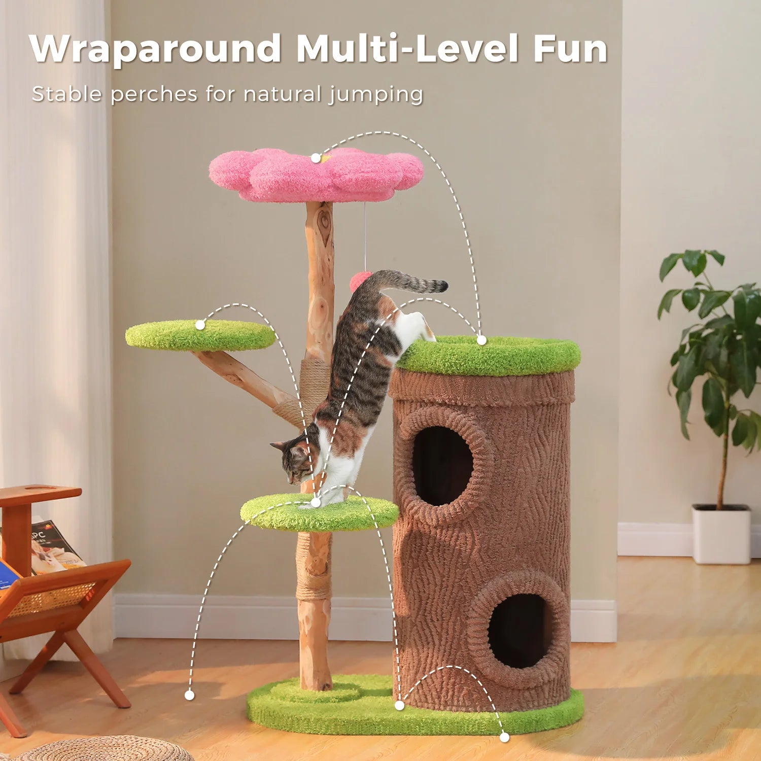 Large Cat Tree with 4 Spacious Condos Thick Scratching Post Flower Top Bed Tall Cat Tower for Indoor Luxury Cat House Bed Toys