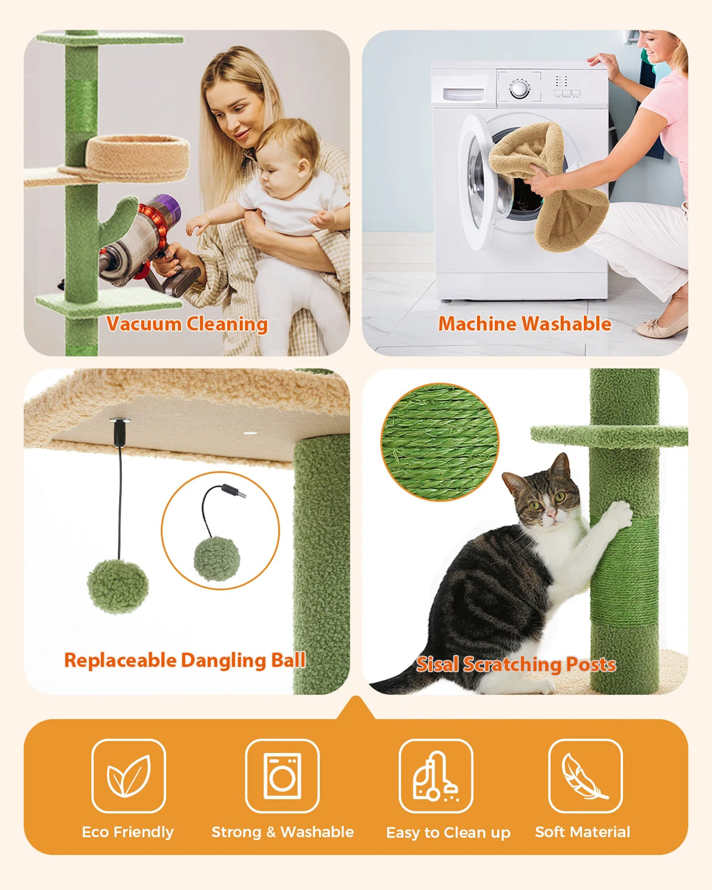 Adjustable Height Cactus Cat Tree for Indoor Cats Floor to Ceiling Cat Tower with Scratching Post Cozy Hammock Dangling Balls