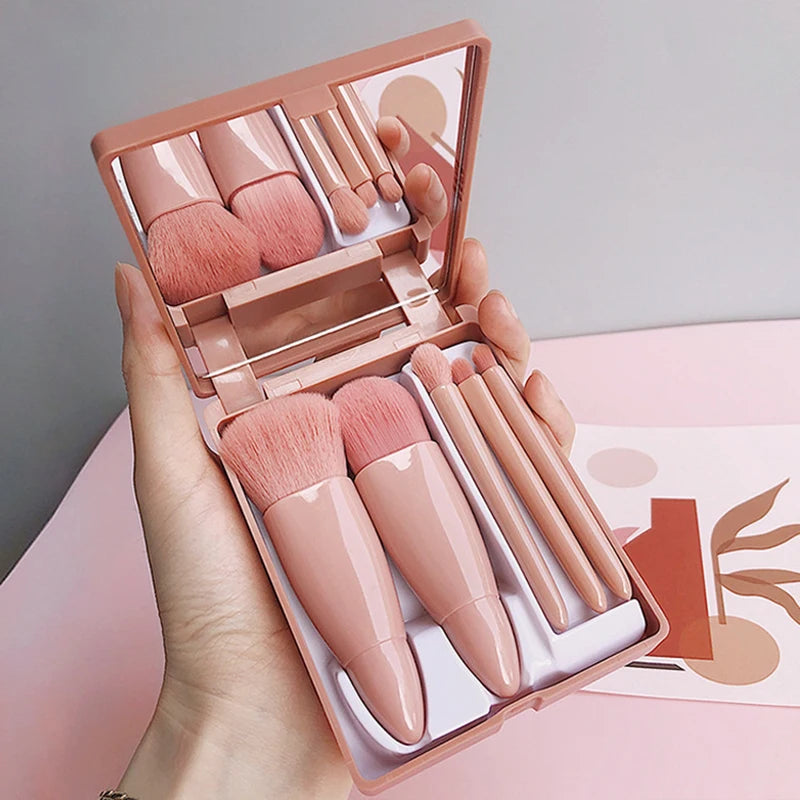 【SSummer10】5Pcs Travel Mini Makeup Brushes Set with Case Mirror - Small Complete Function Cosmetic Kit【SS】