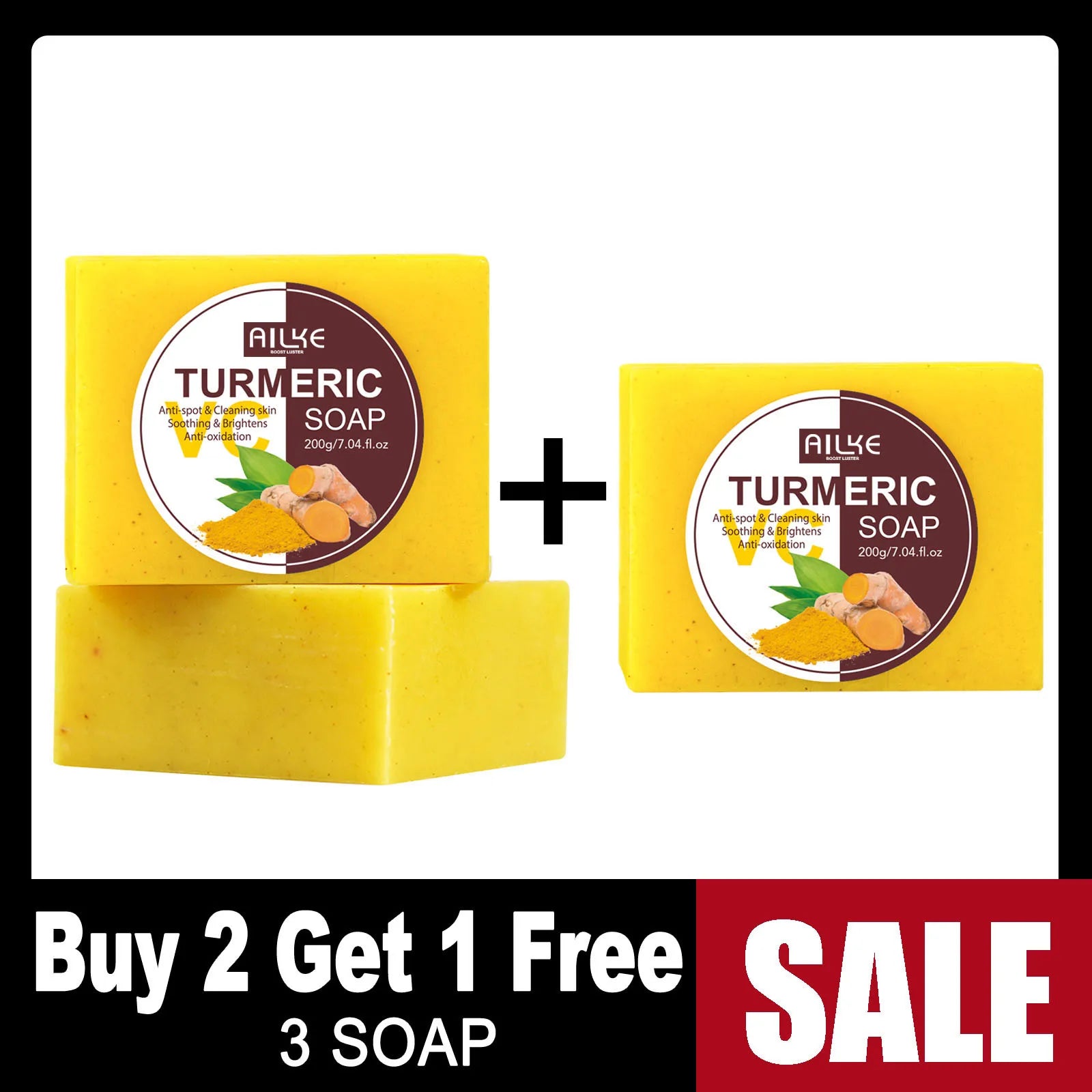 AILKE Natural Turmeric Bath Soap for Face, Body, Hands, Lightening, Cleaning, Even Skin Tone, Anti Dark Spots and Acne, 200g