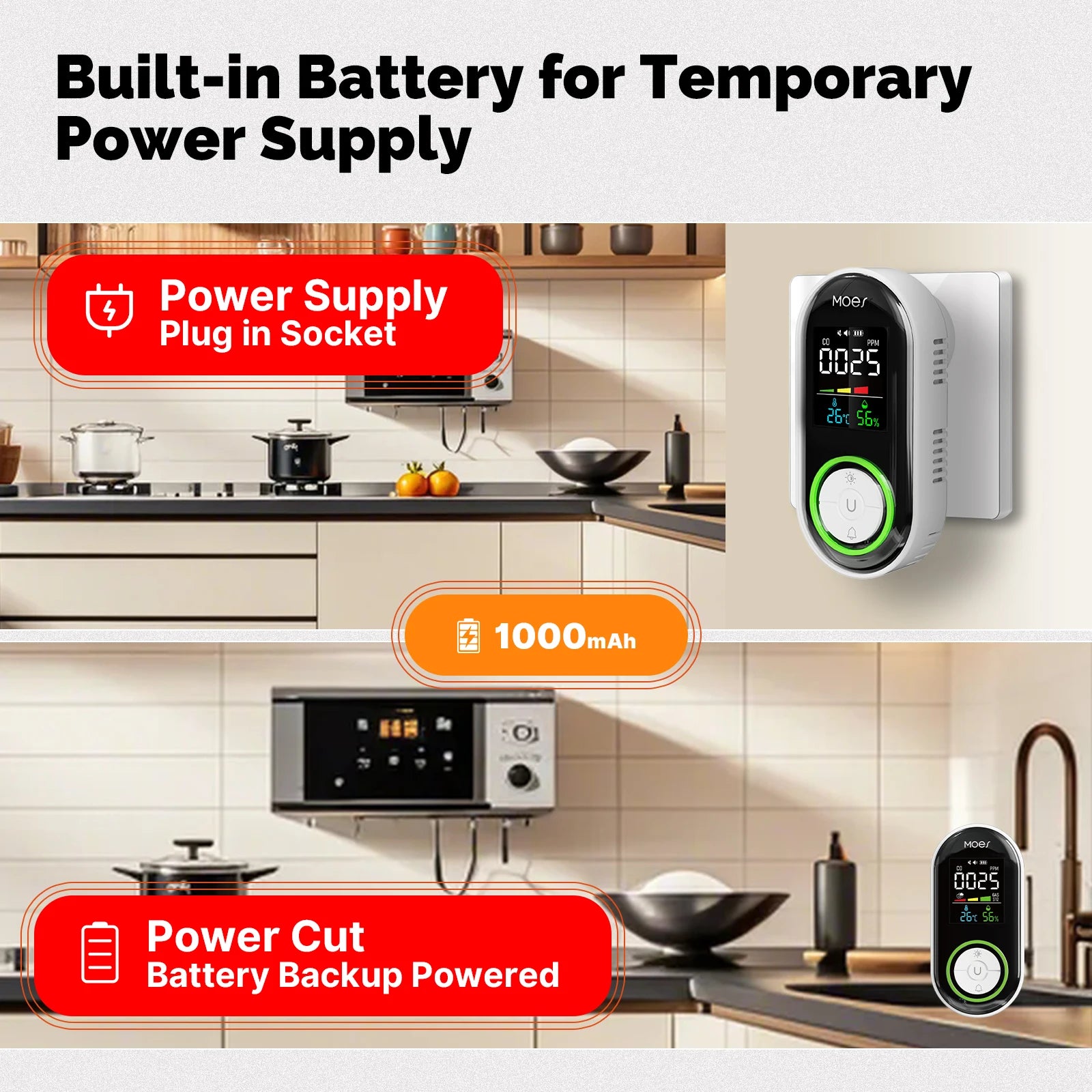 MOES CO Smoke Gas Detector Alarm Plug-in Carbon Monoxide Sensor Warning LED Display Temperature Humidity Kitchen Garage Boiler