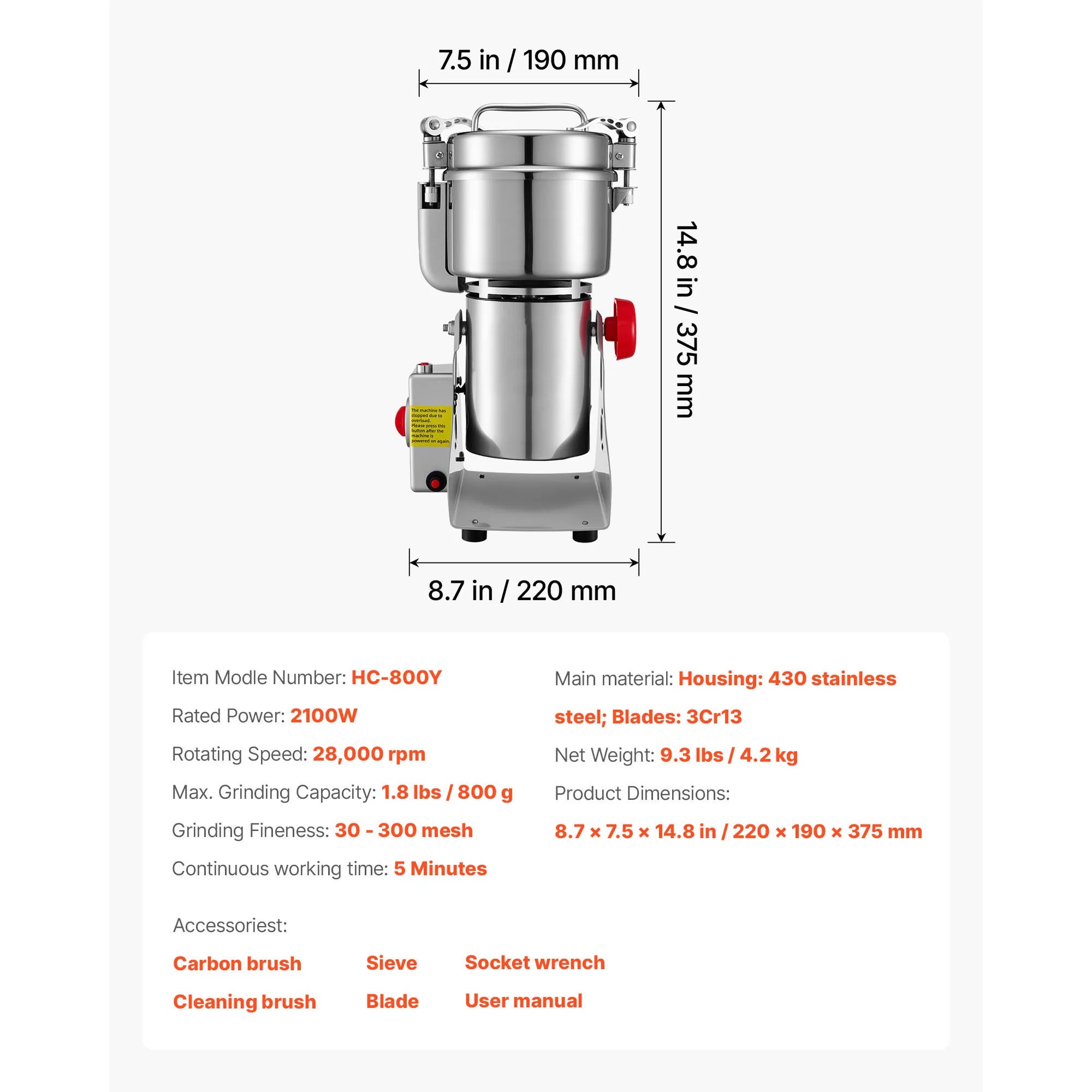 SucceBuy Electric Grain Mill Grinder 28000/32000RPM High Speed Stainless for Dried Grains Coffee Beans Spices 270° Swing Type
