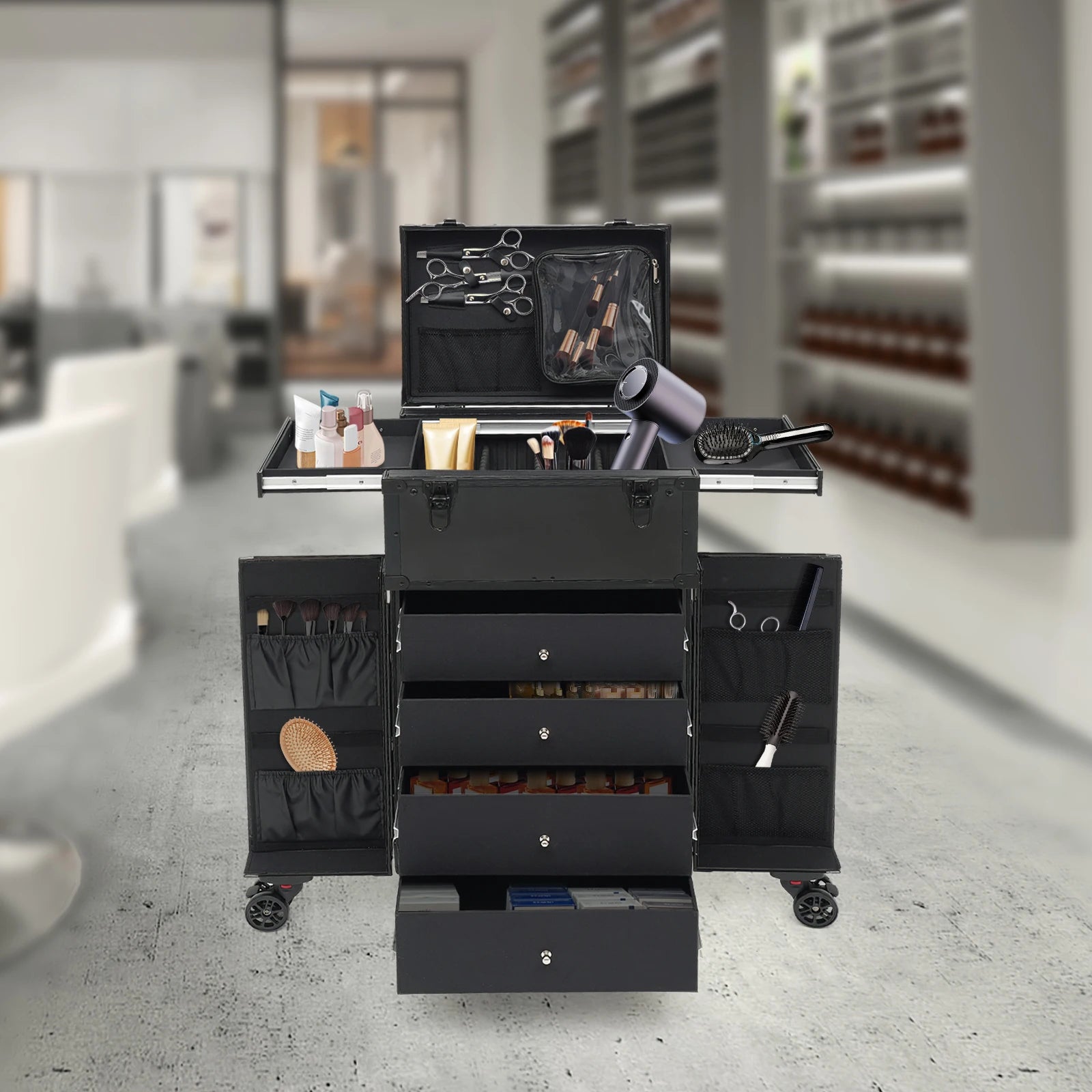 31.15inch Professional Rolling Makeup Case 4 Drawers Pro Makeup Artist Cosmetic Train Case Makeup Organizer Travel Case