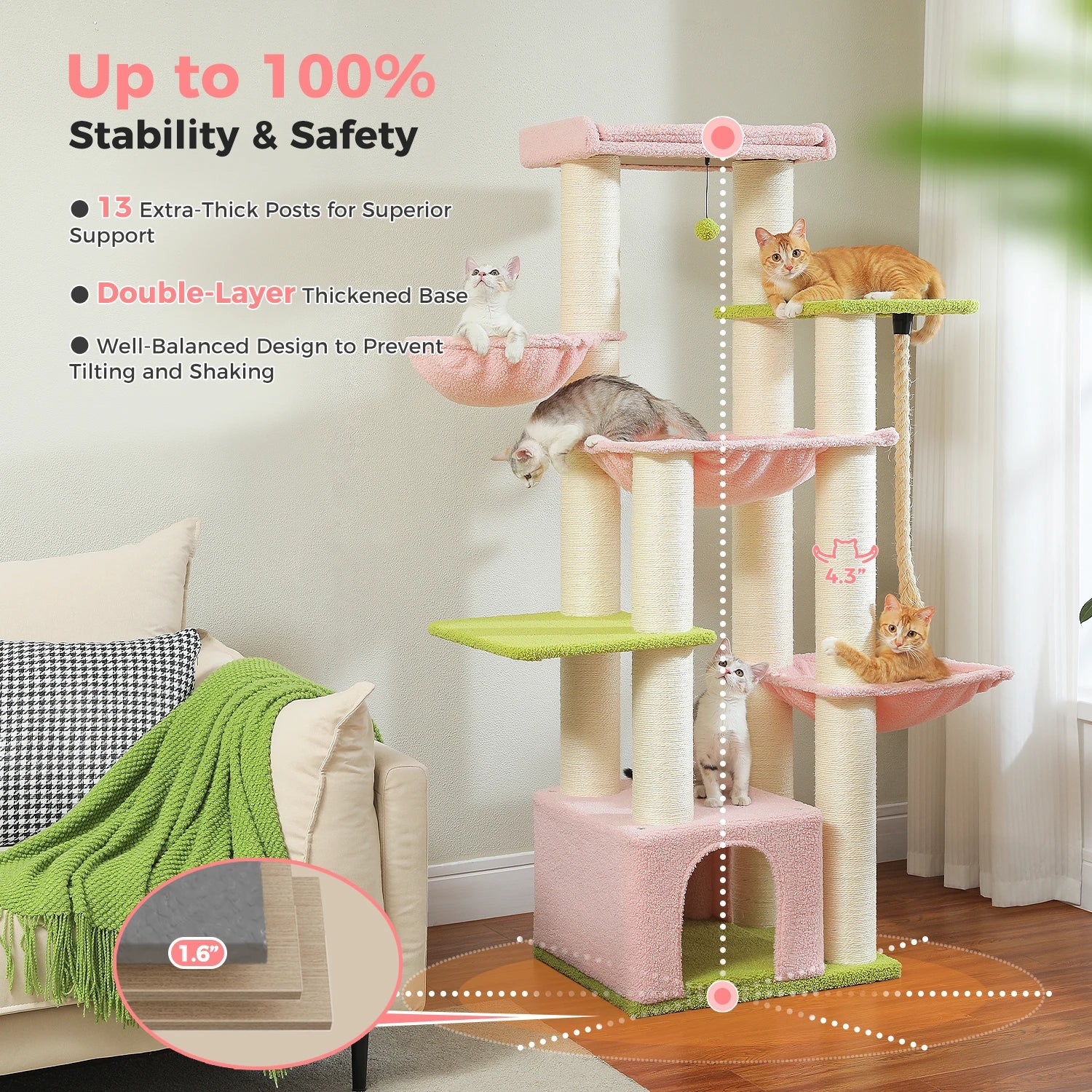 Multi-Level Cat Tree with Scratching Posts, Cozy Condo, Super Large Perch, Deep Hammocks, Tall Cat Tower for Indoor Adult Cats