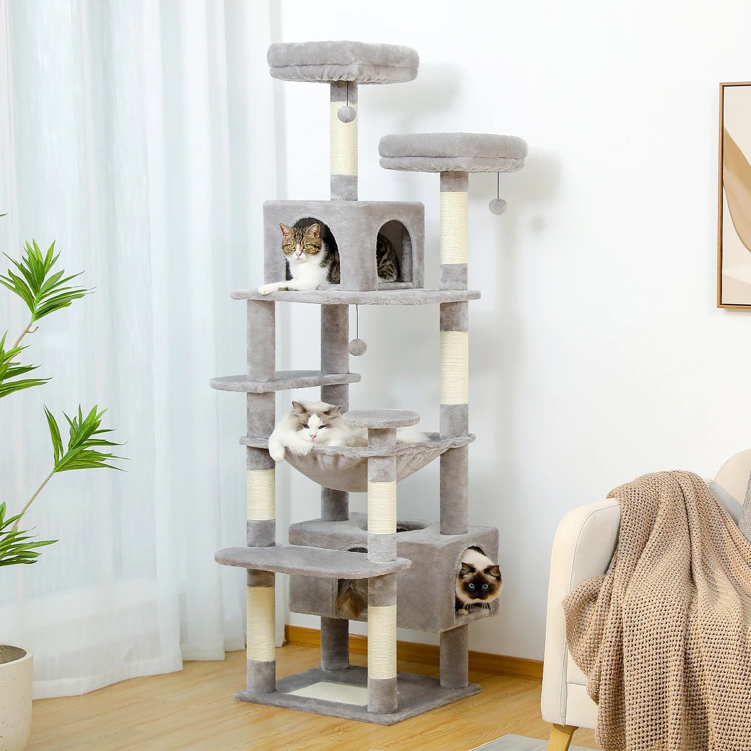 Sturdy Multi-Level Cat Tree Tower with Natural Sisal Scratching Posts,Cozy Hammock&Condo, Large Top Perch, and Fun Dangling Ball