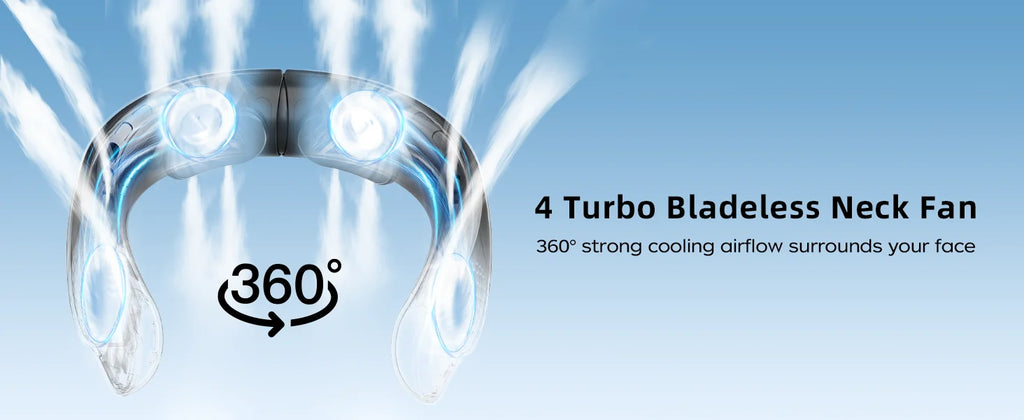 Portable Neck Fan 4 Turbo Neck Fan 4000mAh Battery Operated USB Rechargeable Personal Fan, 3 Speeds, 360° Cooling Air Fan