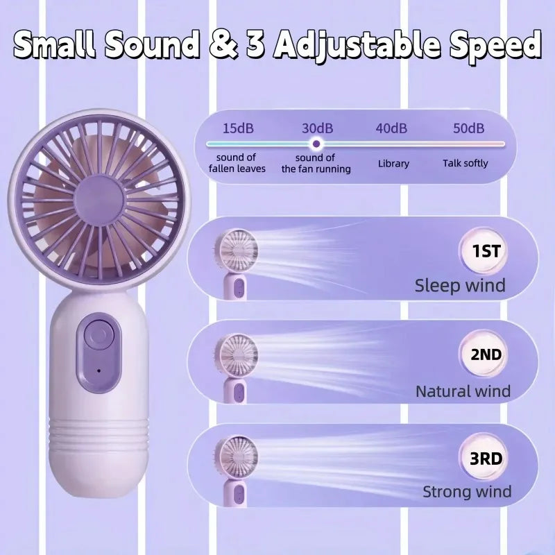 Mini Handheld Fan 3-Speed Strong Wind USB Rechargeable Long Lasting Portable Desk Fan For Students Office Outdoor Travel Camping