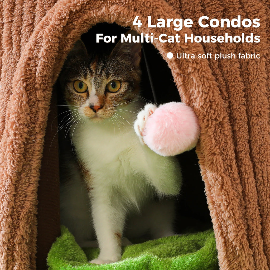 Large Cat Tree with 4 Spacious Condos Thick Scratching Post Flower Top Bed Tall Cat Tower for Indoor Luxury Cat House Bed Toys