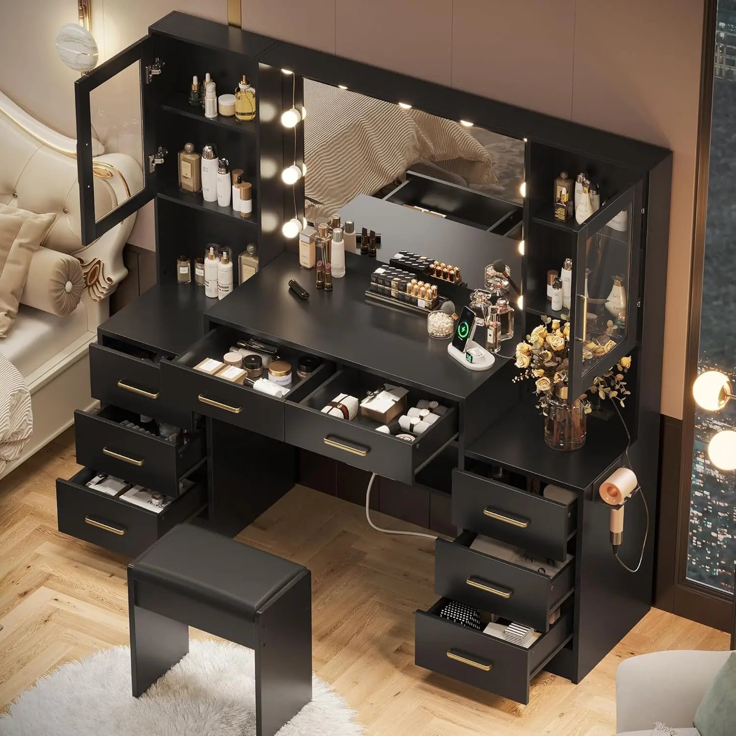 Black Vanity Desk with Mirror, Lights & Charging Station, 58.3" 3 Lighting Modes Makeup Desk with 8 Drawers, 2 Cabinets and Lots