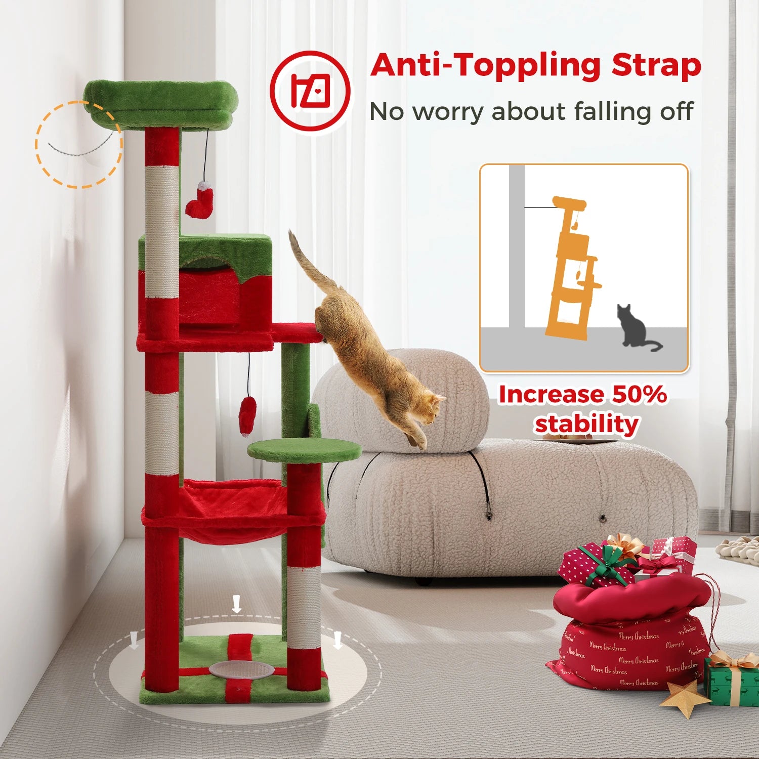Christmas Cat Tree with Sisal Scratching Posts Spacious Condo Hammock Tall Large Cat Tower for Indoor Cat House Bed Cat Toys