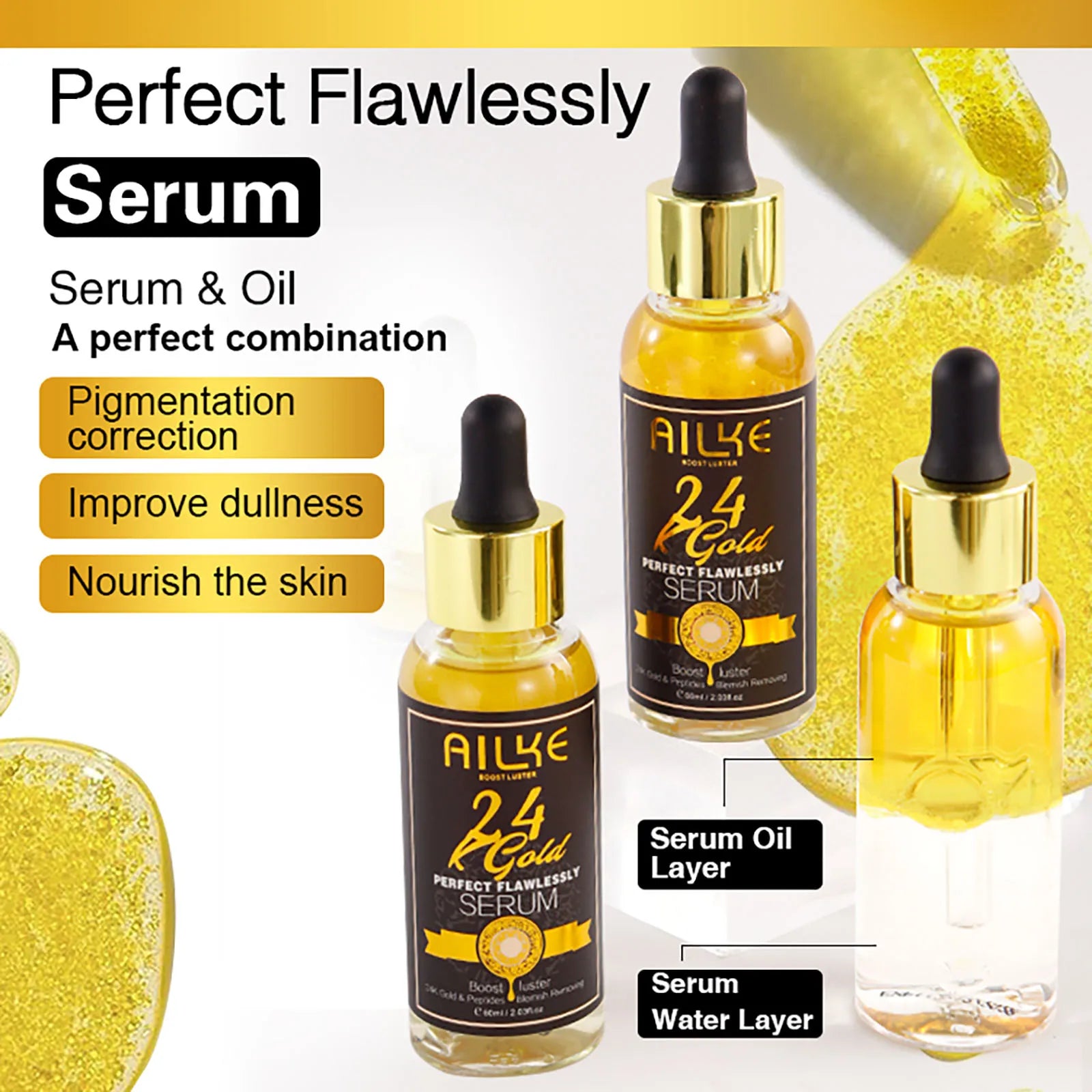 AILKE 24K Whitening Skin Set, Lightening, Remove Black Spots, Melanin, Stains, Even Skin Tone, Moisturizing, for All Skin Types