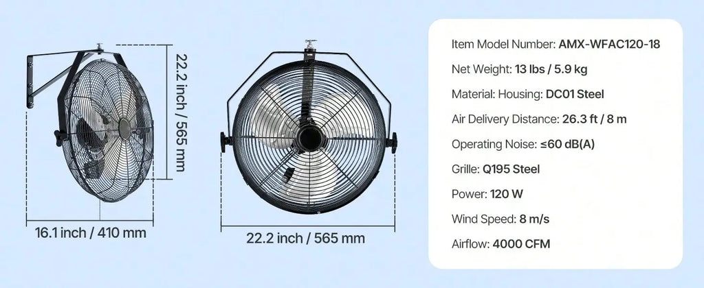 18 Inch Industrial Wall Mount Fan, High Velocity 4000 CFM Indoor Fan With 3 Speeds, Powerful Motor Garage Wall Fan With Aluminum Blades For Workshop, Warehouse, Greenhouse, Commercial