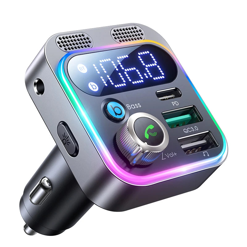 2024 Bluetooth 5.3 FM Transmitter for Car, [Stronger Dual Mics Deep Bass Sound] , 48W PD&QC3.0 Car Charger Bluetooth Adapter