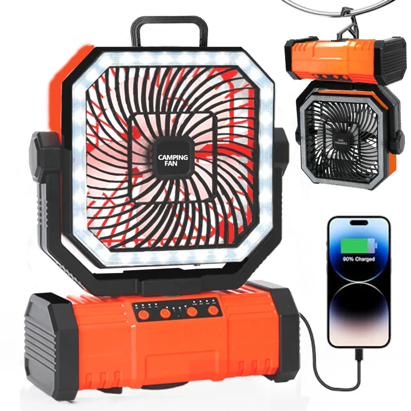 Outdoor Camping Fan 20000mAh Rechargeable Fan with LED Lantern & Remote for Fishing Travel, 4 Speeds 8H Timer, Hanging Hook Bluetooth Fan
