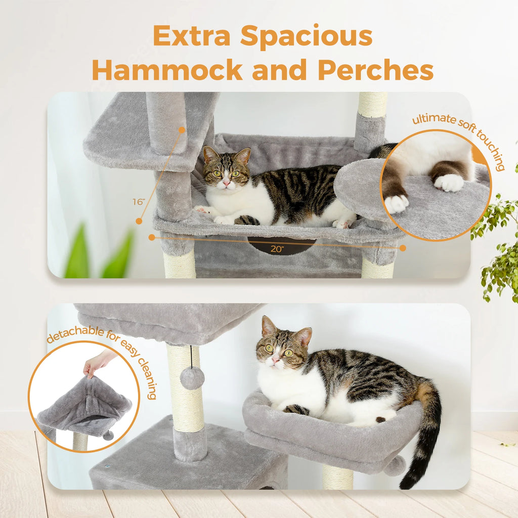 Sturdy Multi-Level Cat Tree Tower with Natural Sisal Scratching Posts,Cozy Hammock&Condo, Large Top Perch, and Fun Dangling Ball