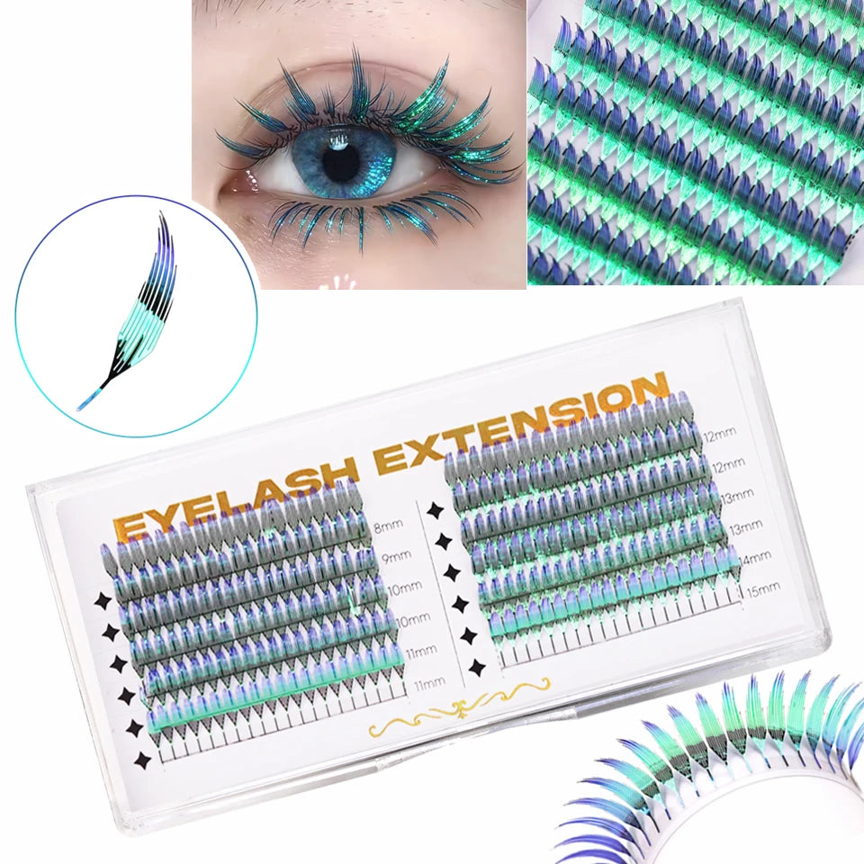 AGUUD Holographic Aurora Color Spire Eyelash Glitter Tinsel Anime Premade Fan Dual Side Color Comic Lash for Christmas Cosplay