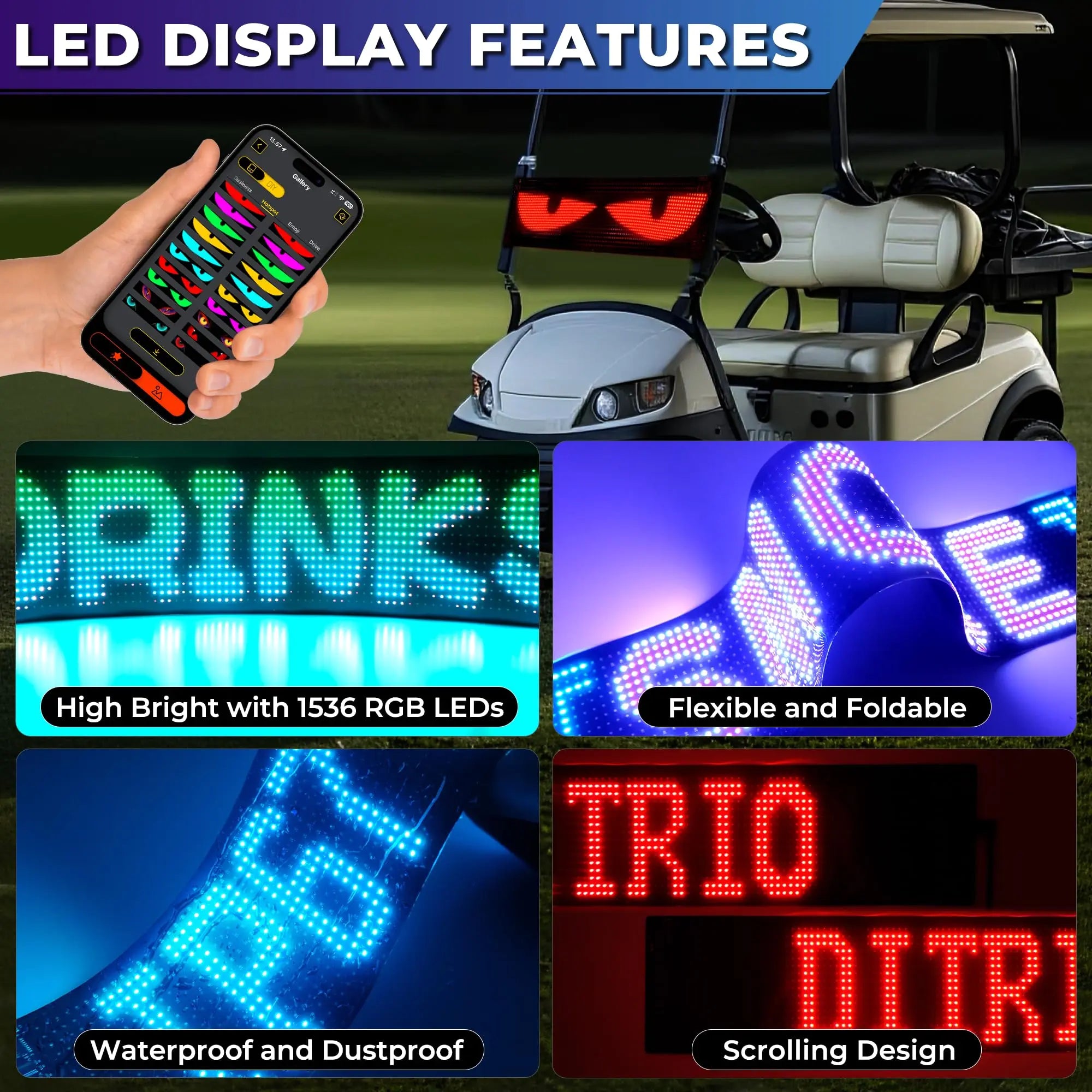 Devil Eyes LED Display for Golf Cart, Programmable Flexible LED Sign for Car Windshield, App & Remote Control, High Brightness DIY Animated Scrolling LED Eyes for Golf Carts, Trucks & SUVs