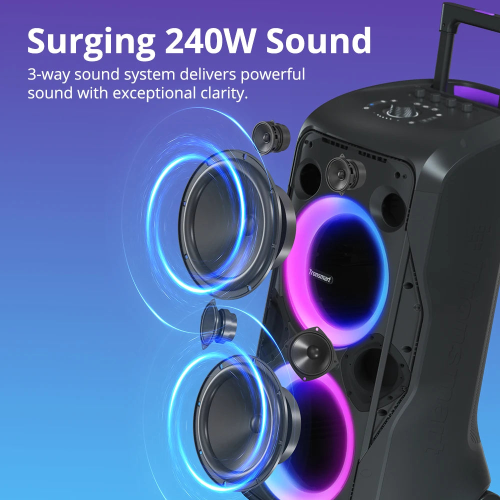 Tronsmart Halo 300 Speaker Partybox 240W with Guitar/Mic/XLR Input, TWS, 20H Playtime, wheels & Hidden Lever, for Party
