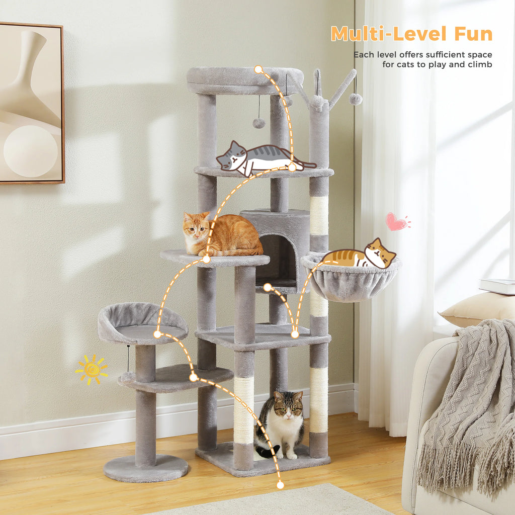 Multi-Level Cat Tree with Scratching Post Hammock Large Perches Hanging Balls Tall Cat Tower for Indoor Spacious Cat Condo House