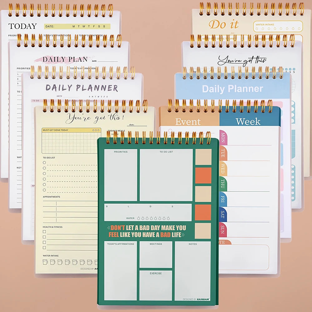 A5 Daily Planner Notebook 50 Sheets Spiral Bound English Weekly Self-Discipline Schedule Organizer Goals Tasks Time Management