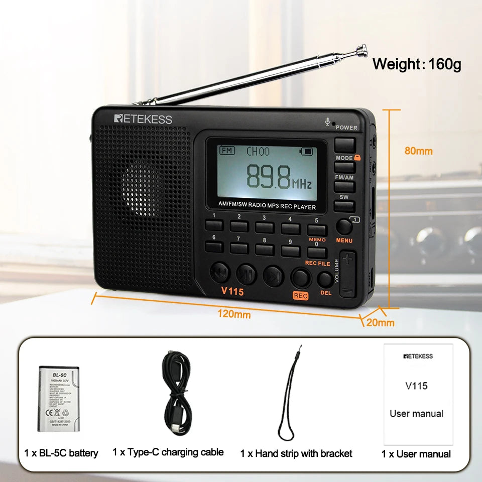 RETEKESS V115 Portable Radio Rechargeable AM FM SW Radio Multifunctional Radio Long Distance Receiver Clear Sound for Camp Gift