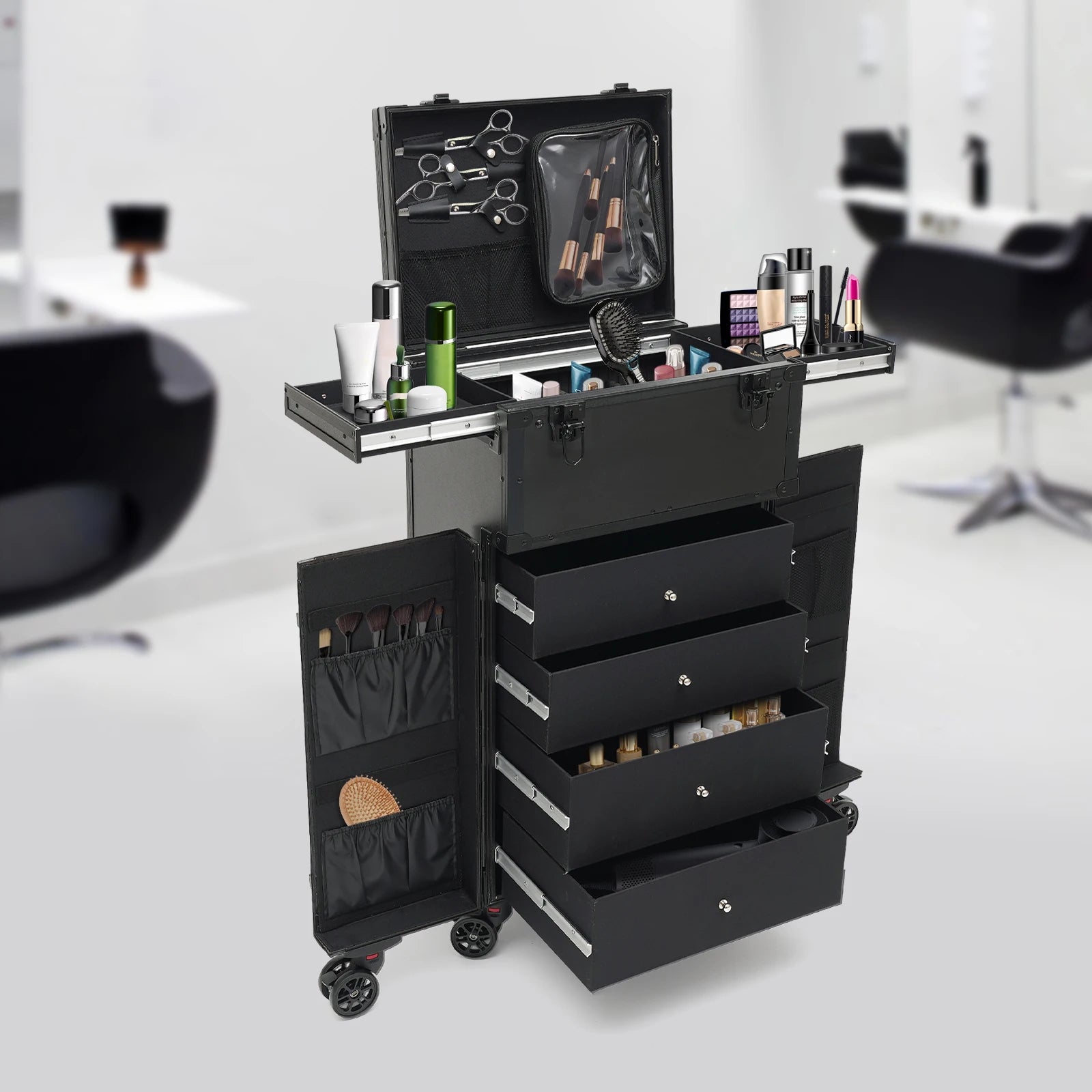 31.15inch Professional Rolling Makeup Case 4 Drawers Pro Makeup Artist Cosmetic Train Case Makeup Organizer Travel Case