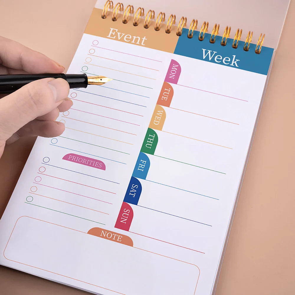 A5 Daily Planner Notebook 50 Sheets Spiral Bound English Weekly Self-Discipline Schedule Organizer Goals Tasks Time Management