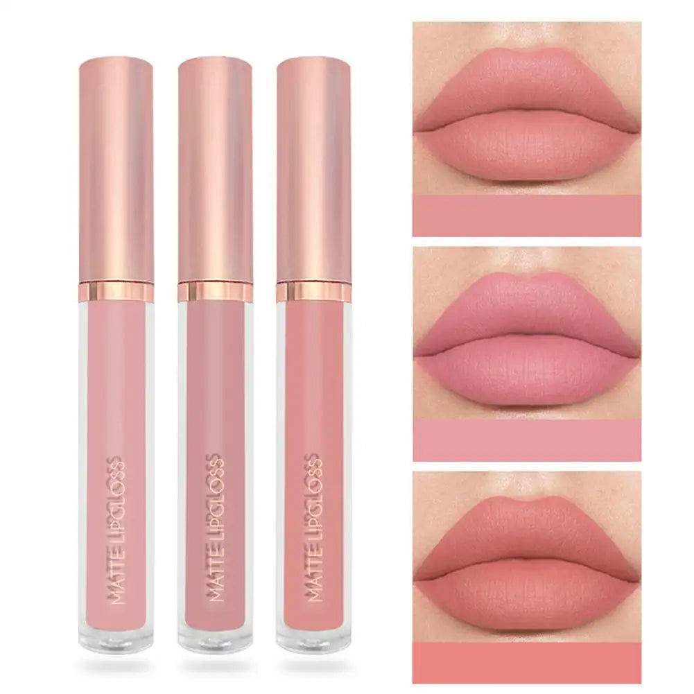 3pcs/set Nude Lip Gloss Matte Velvet Lipstick Waterproof Long-lasting Liquid Lipstick Women Moist Lip Tint Non-Stick