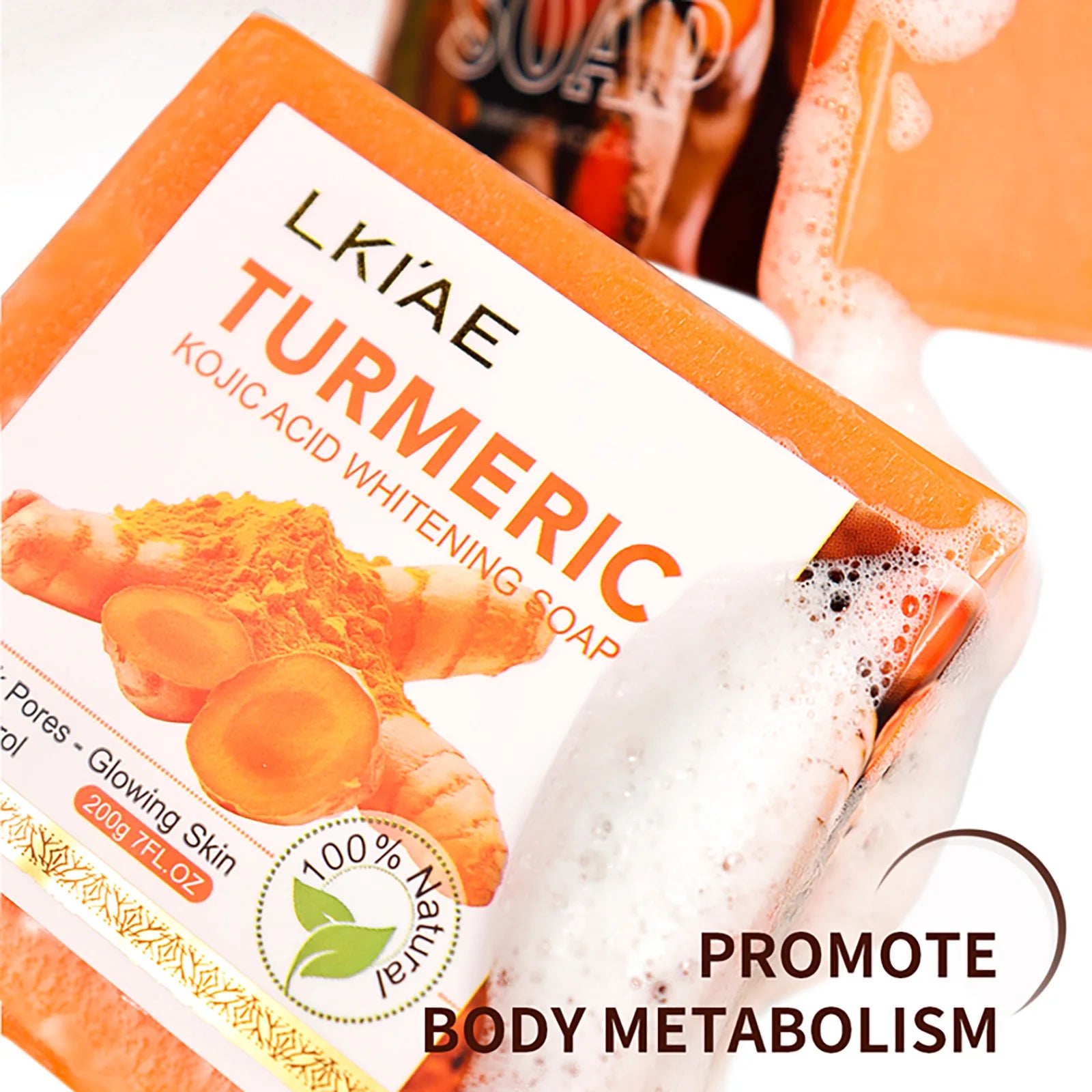 LKIAE Organic Turmeric Soap, Handmade, Whitening, for All Skin Types, Remove Black Spots, Melanin, Acne, For Face, Body, 200g