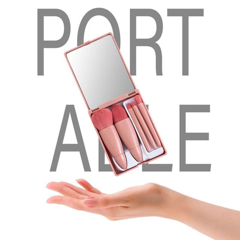 【SSummer10】5Pcs Travel Mini Makeup Brushes Set with Case Mirror - Small Complete Function Cosmetic Kit【SS】
