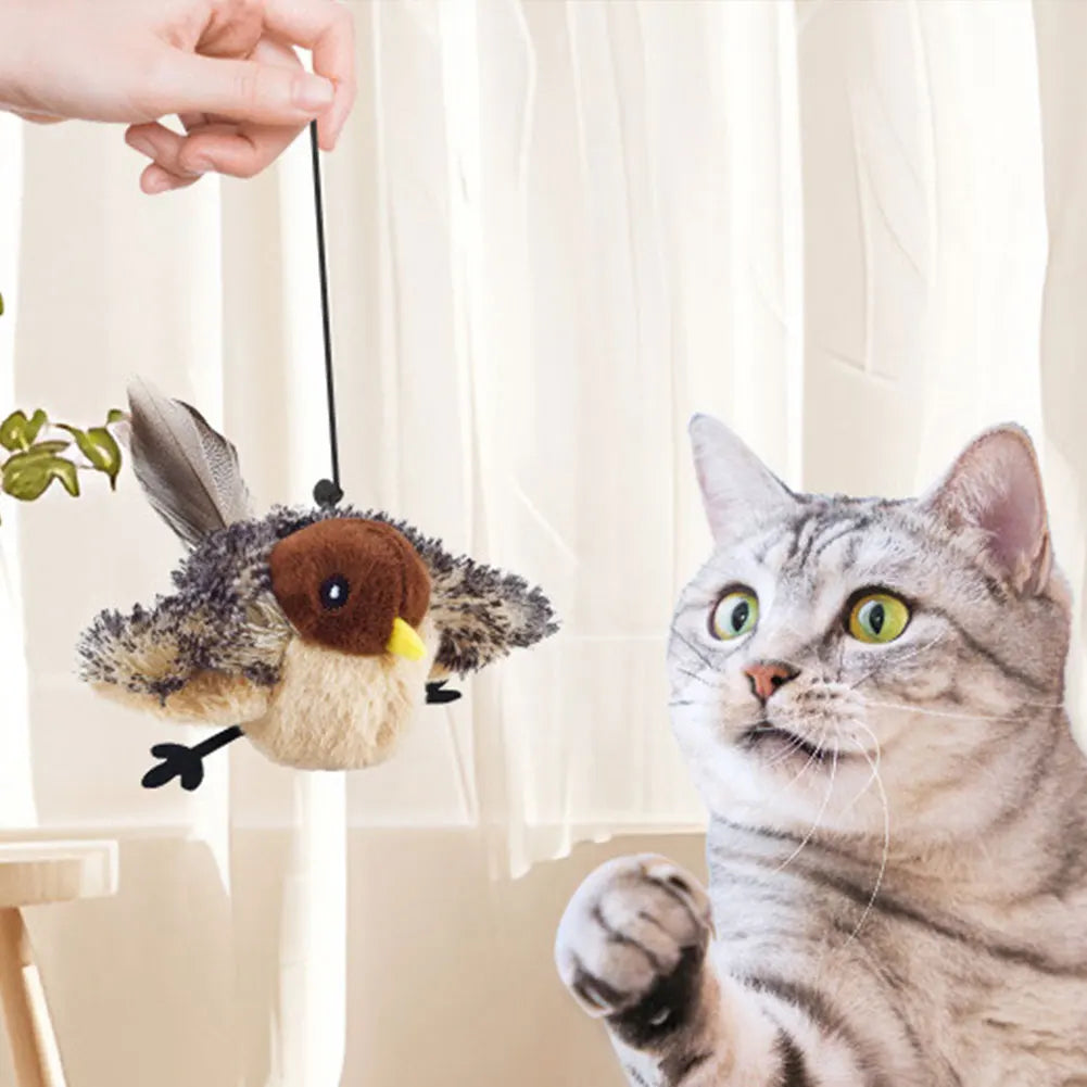 Interactive Cat Toys Flying Bird Cat Toy Flapping Wings Sparrow Catnip Toy Electric Squeaky Simulation Bird Plush Toy for Cats