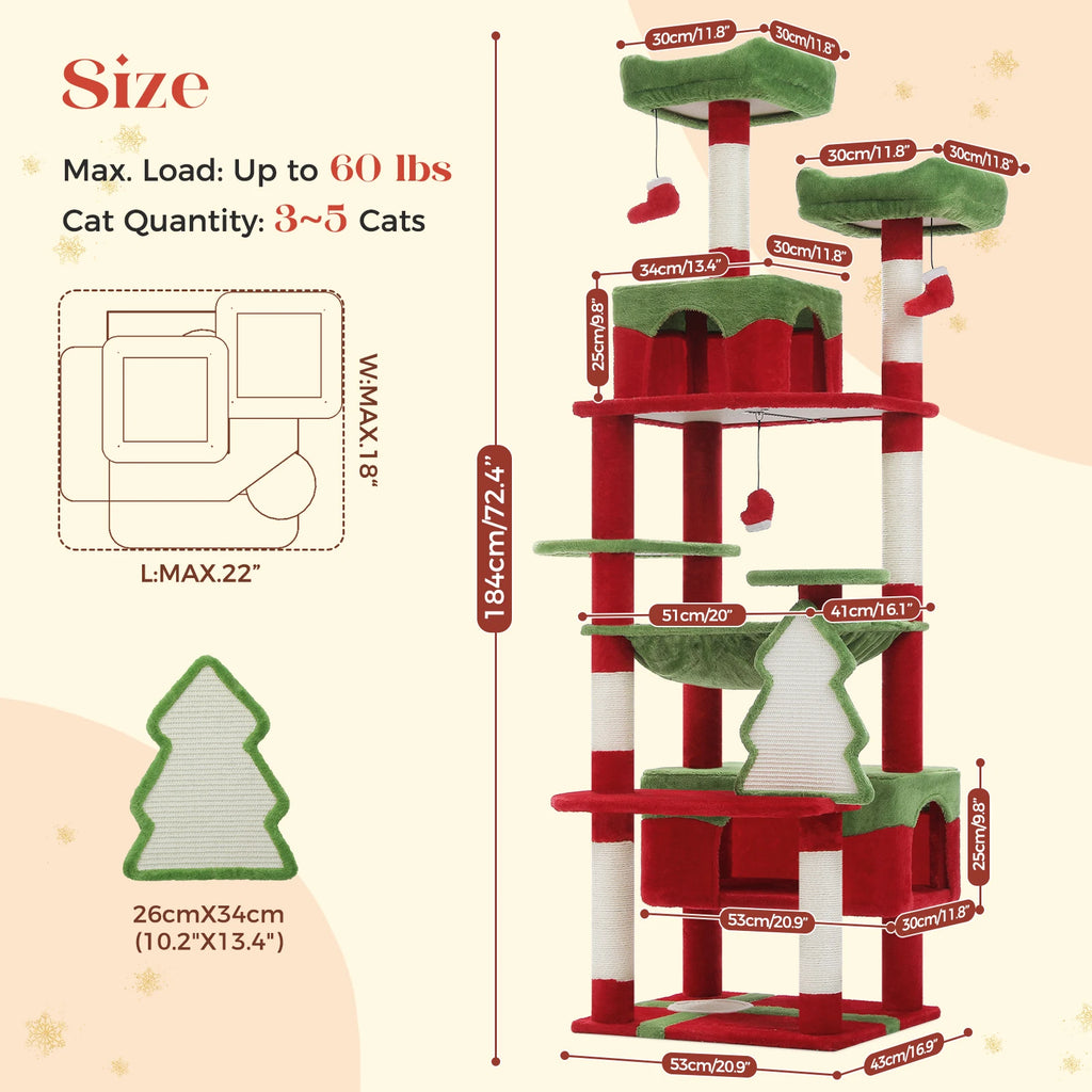 Christmas Cat Tree with Sisal Scratching Posts Spacious Condo Hammock Tall Large Cat Tower for Indoor Cat House Bed Cat Toys